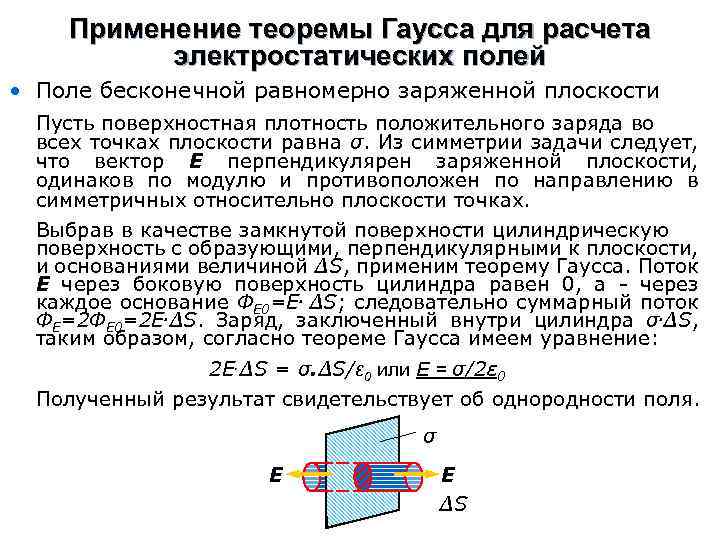 Поле цилиндра. Теорема Гаусса для электростатического поля применение. Применение теоремы Гаусса. Применение теоремы Гаусса для расчета электростатических полей. Поле равномерно заряженной плоскости теорема Гаусса.