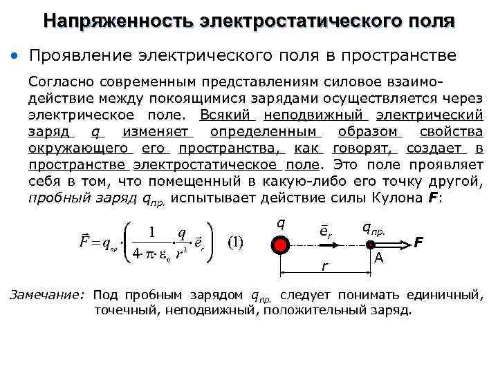 Напряженность электростатического поля • Проявление электрического поля в пространстве Согласно современным представлениям силовое взаимодействие