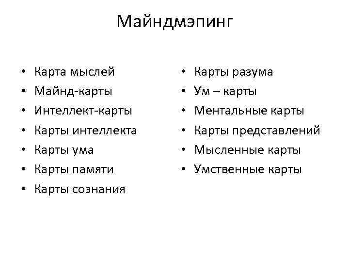 Майндмэпинг • • Карта мыслей Майнд-карты Интеллект-карты Карты интеллекта Карты ума Карты памяти Карты