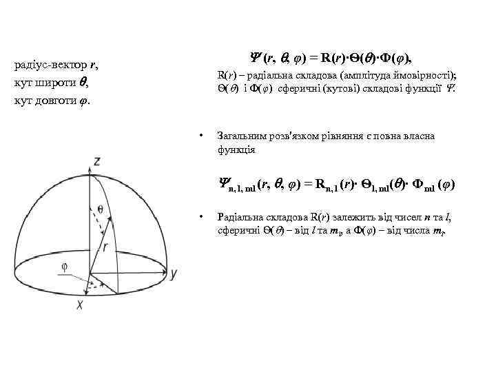  (r, , φ) = R(r)∙Ѳ( )∙Ф(φ), радіус-вектор r, кут широти , кут довготи