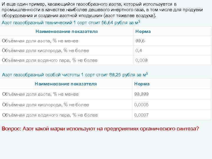 И еще один пример, касающийся газообразного азота, который используется в промышленности в качестве наиболее