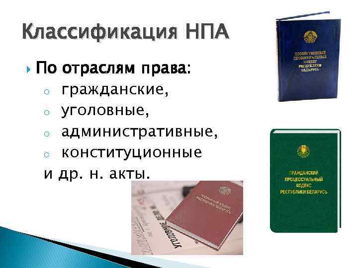 Классификация НПА По отраслям права: o гражданские, o уголовные, o административные, o конституционные и