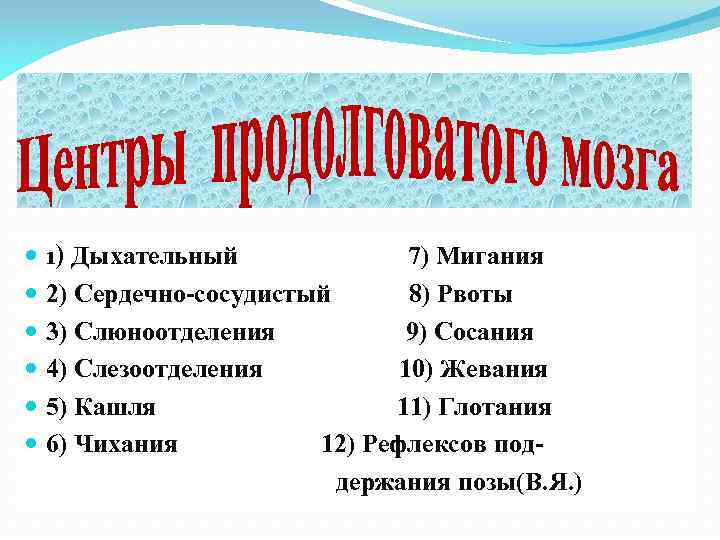  1) Дыхательный 7) Мигания 2) Сердечно-сосудистый 8) Рвоты 3) Слюноотделения 9) Сосания 4)