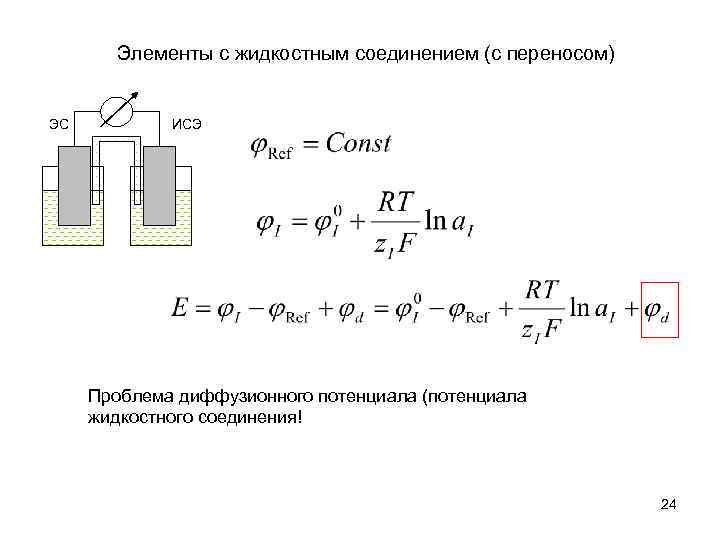 Элементы с жидкостным соединением (с переносом) ЭС ИСЭ Проблема диффузионного потенциала (потенциала жидкостного соединения!