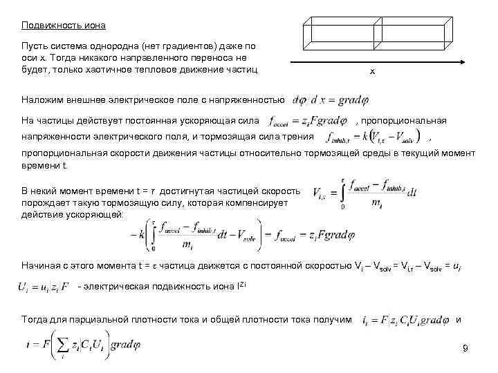 Подвижность иона Пусть система однородна (нет градиентов) даже по оси x. Тогда никакого направленного