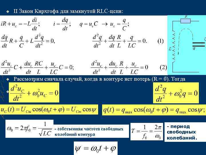 u II Закон Кирхгофа для замкнутой RLC-цепи: u u u Рассмотрим сначала случай, когда