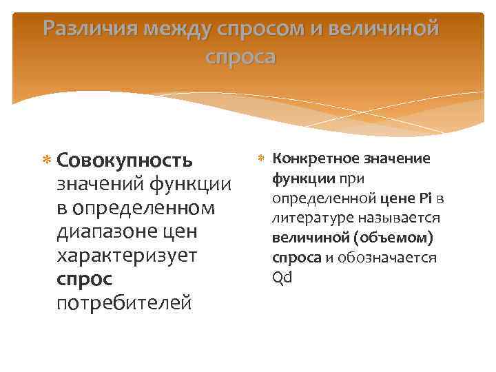 Различия между спросом и величиной спроса Совокупность значений функции в определенном диапазоне цен характеризует