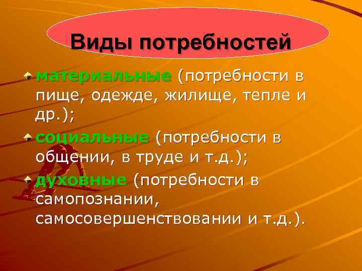 Виды потребностей материальные (потребности в пище, одежде, жилище, тепле и др. ); социальные (потребности