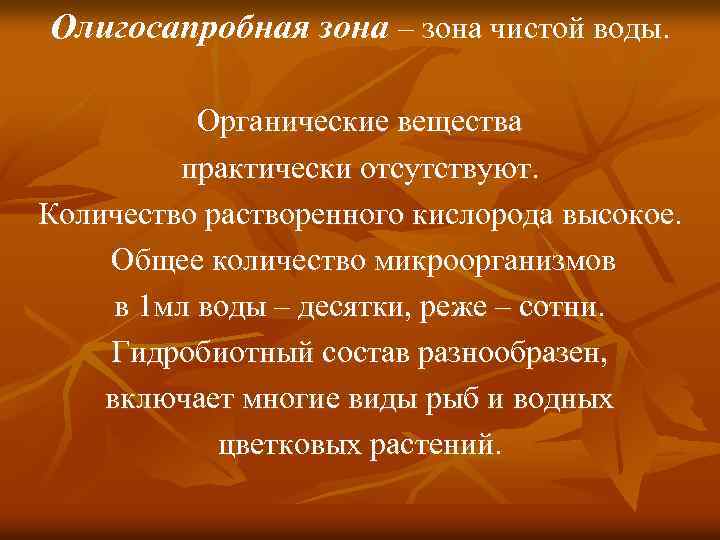 Олигосапробная зона – зона чистой воды. Органические вещества практически отсутствуют. Количество растворенного кислорода высокое.