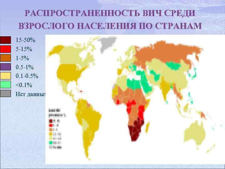 РАСПРОСТРАНЕННОСТЬ ВИЧ СРЕДИ ВЗРОСЛОГО НАСЕЛЕНИЯ ПО СТРАНАМ 15 -50% 5 -15% 1 -5% 0.