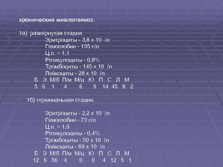 хронический миелолейкоз: 1 а) развернутая стадия Эритроциты - 3, 8 х 10 /л Гемоглобин