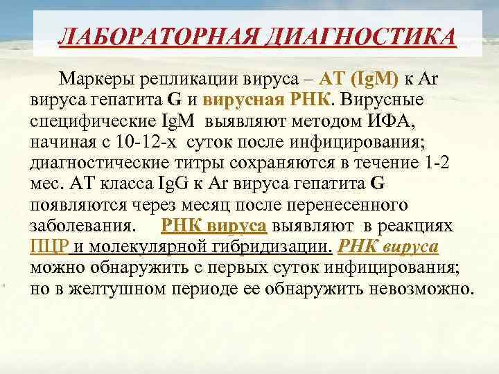 ЛАБОРАТОРНАЯ ДИАГНОСТИКА Маркеры репликации вируса – АТ (Ig. M) к Ar вируса гепатита G