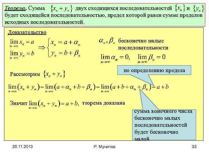 Теорема. Сумма двух сходящихся последовательностей и Теорема будет сходящейся последовательностью, предел которой равен сумме