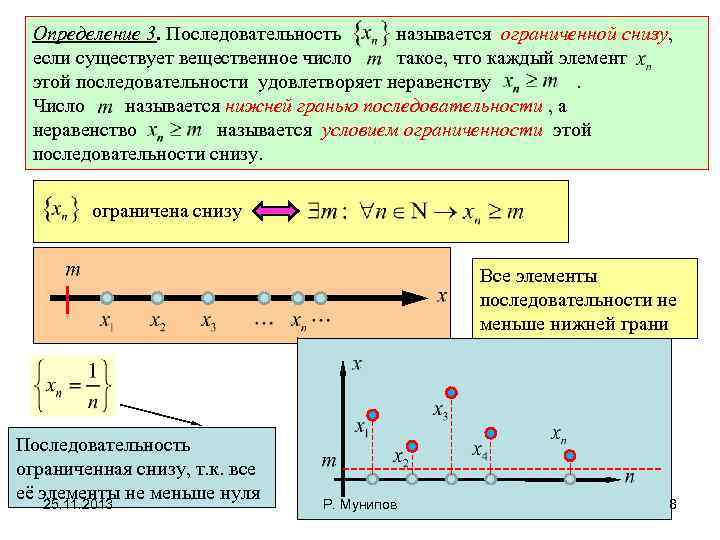 Определение 3. Последовательность называется ограниченной снизу, если существует вещественное число такое, что каждый элемент