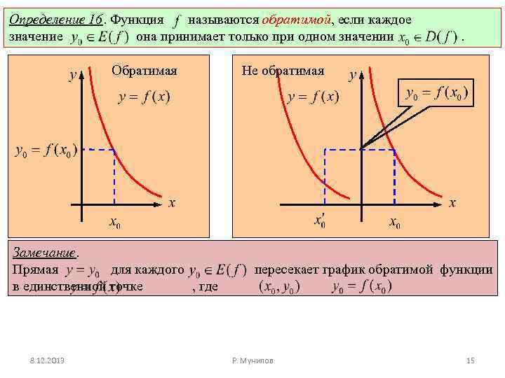 Определение 16. Функция называются обратимой, если каждое значение она принимает только при одном значении