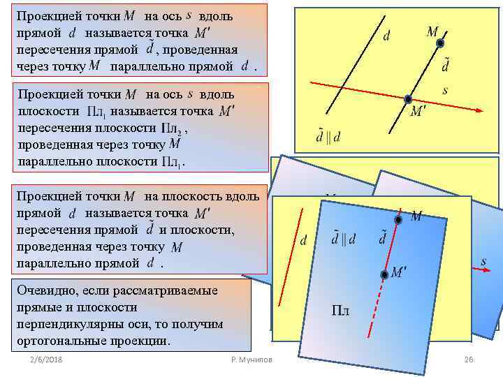 Проекцией точки на ось вдоль прямой называется точка пересечения прямой , проведенная через точку