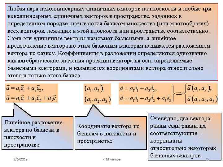 Любая пара неколлинеарных единичных векторов на плоскости и любые три неколлинеарных единичных векторов в