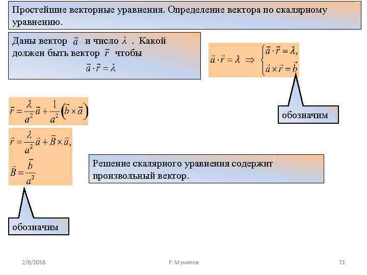 Простейшие векторные уравнения. Определение вектора по скалярному уравнению. Даны вектор и число. Какой должен