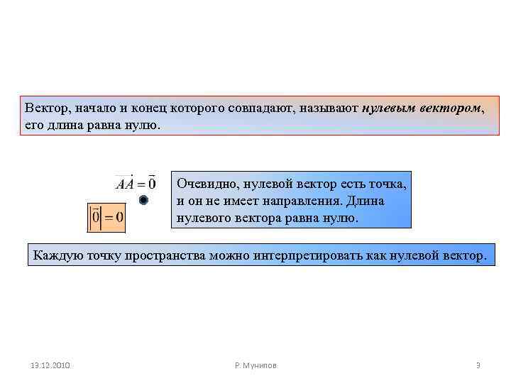 Вектор, начало и конец которого совпадают, называют нулевым вектором, его длина равна нулю. Очевидно,