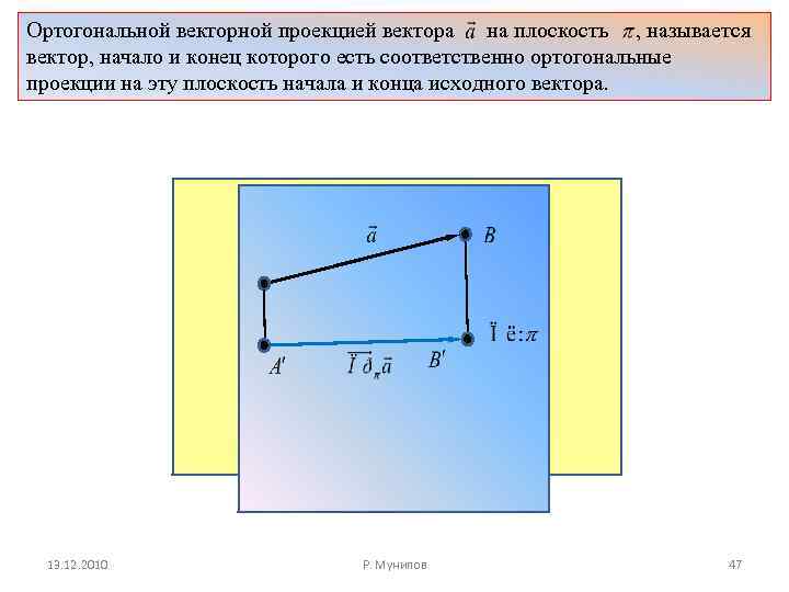 Ортогональной векторной проекцией вектора на плоскость , называется вектор, начало и конец которого есть