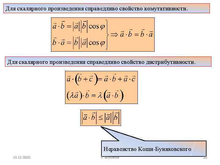 Для скалярного произведения справедливо свойство комутативности. Для скалярного произведения справедливо свойство дистрибутивности. Неравенство Коши-Буняковского