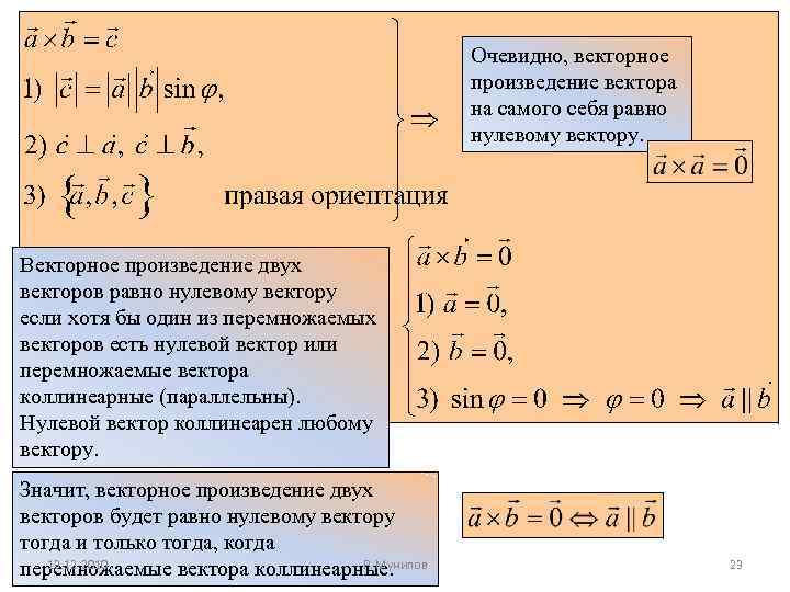 Очевидно, векторное произведение вектора на самого себя равно нулевому вектору. Векторное произведение двух векторов