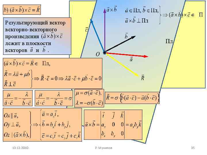 Результирующий векторно-векторного произведения лежит в плоскости векторов и. 13. 12. 2010 Р. Мунипов 35