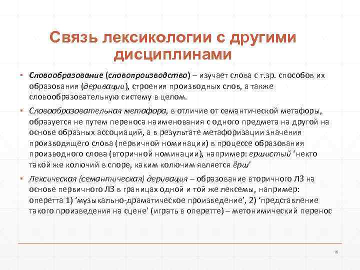 Связь лексикологии с другими дисциплинами ▪ Словообразование (словопроизводство) – изучает слова с т. зр.