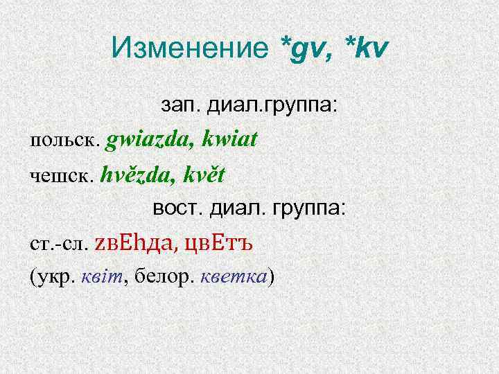 Изменение *gv, *kv зап. диал. группа: польск. gwiazda, kwiat чешск. hvězda, květ вост. диал.