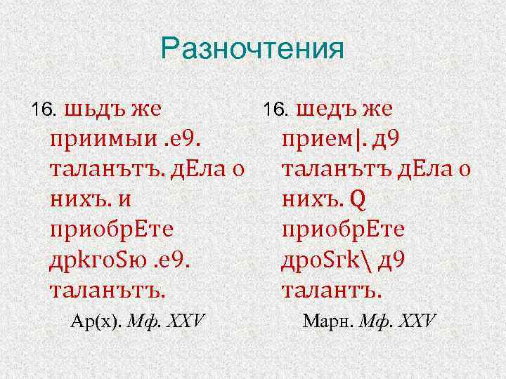 Разночтения 16. шьдъ же приимыи. е 9. таланътъ. д. Eла о нихъ. и приобр.