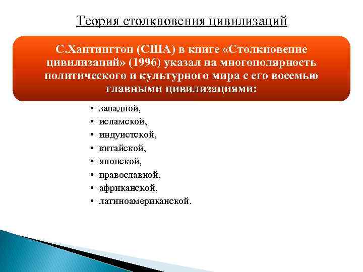 Теория столкновения цивилизаций С. Хантингтон (США) в книге «Столкновение цивилизаций» (1996) указал на многополярность