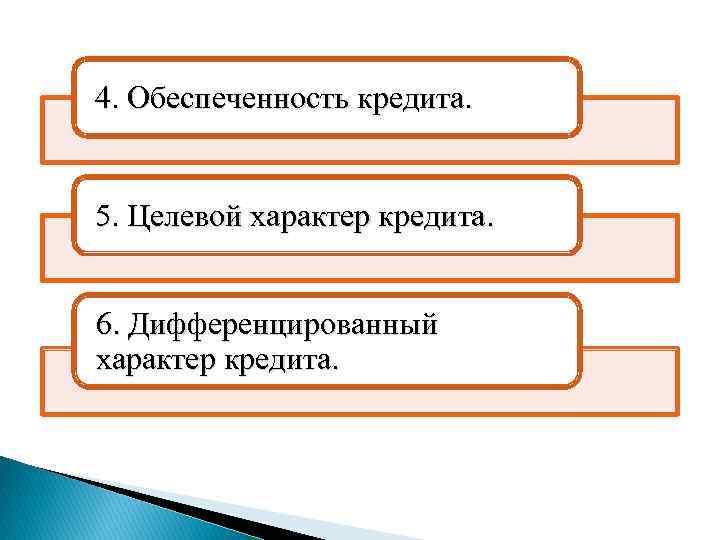 4. Обеспеченность кредита. 5. Целевой характер кредита. 6. Дифференцированный характер кредита. 
