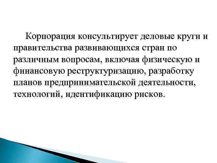 Корпорация консультирует деловые круги и правительства развивающихся стран по различным вопросам, включая физическую и