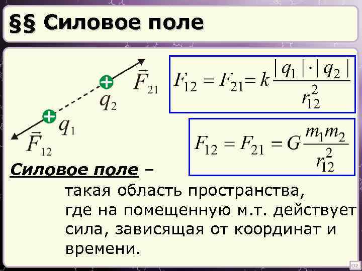 §§ Силовое поле – такая область пространства, где на помещенную м. т. действует сила,