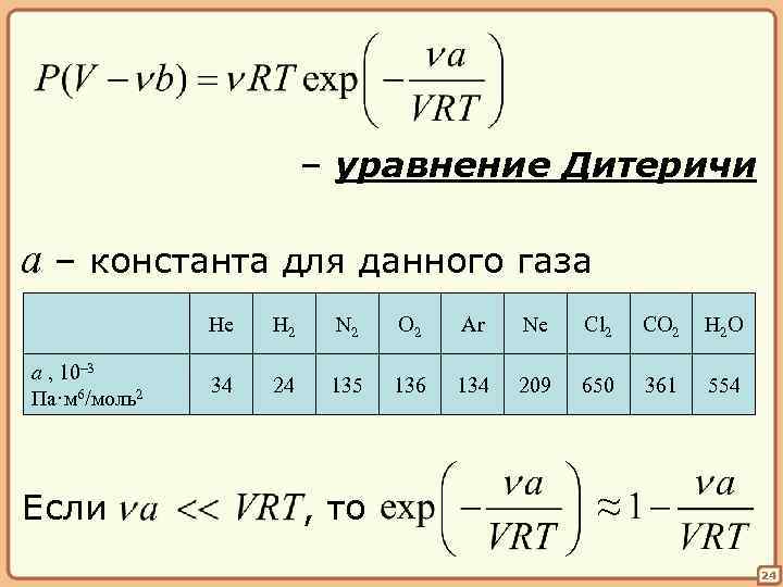– уравнение Дитеричи a – константа для данного газа He a , 10– 3