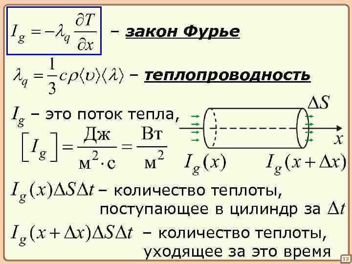 – закон Фурье – теплопроводность Ig – это поток тепла, – количество теплоты, поступающее