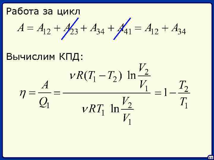 Работа за цикл Вычислим КПД: 11 