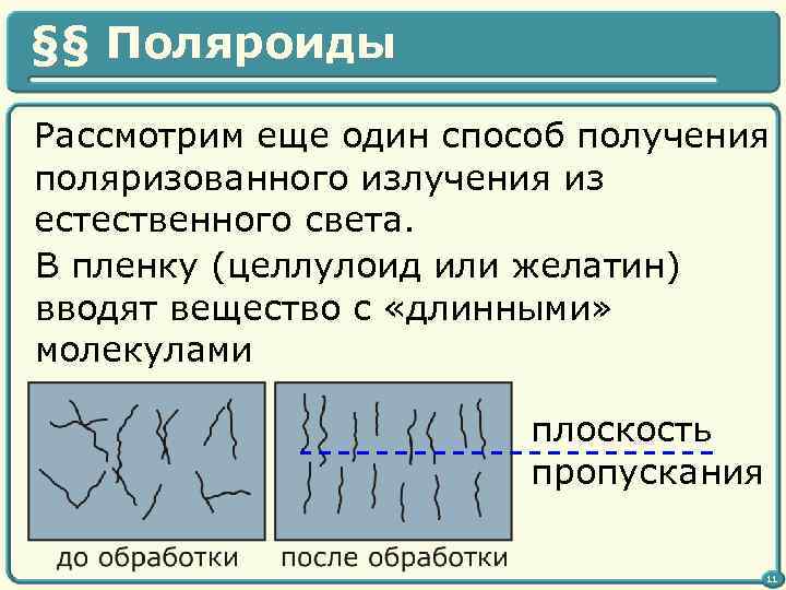 §§ Поляроиды Рассмотрим еще один способ получения поляризованного излучения из естественного света. В пленку