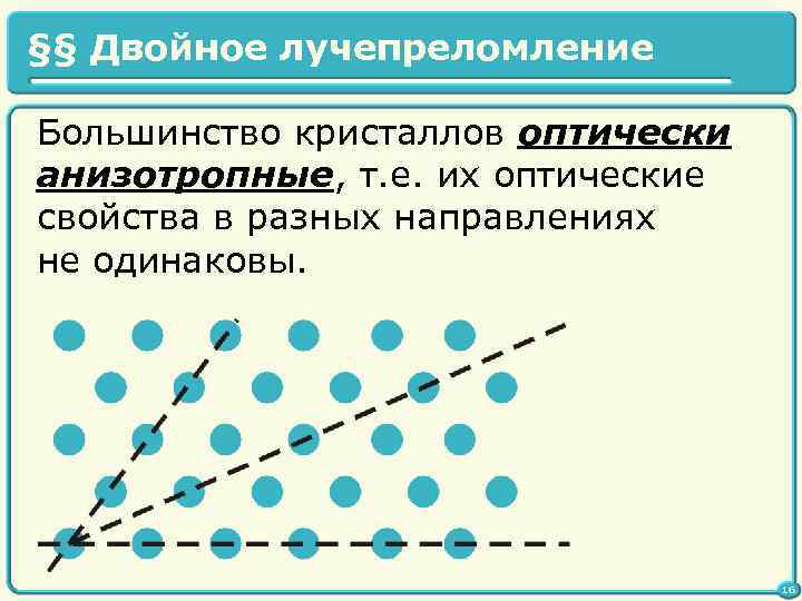 §§ Двойное лучепреломление Большинство кристаллов оптически анизотропные, т. е. их оптические свойства в разных