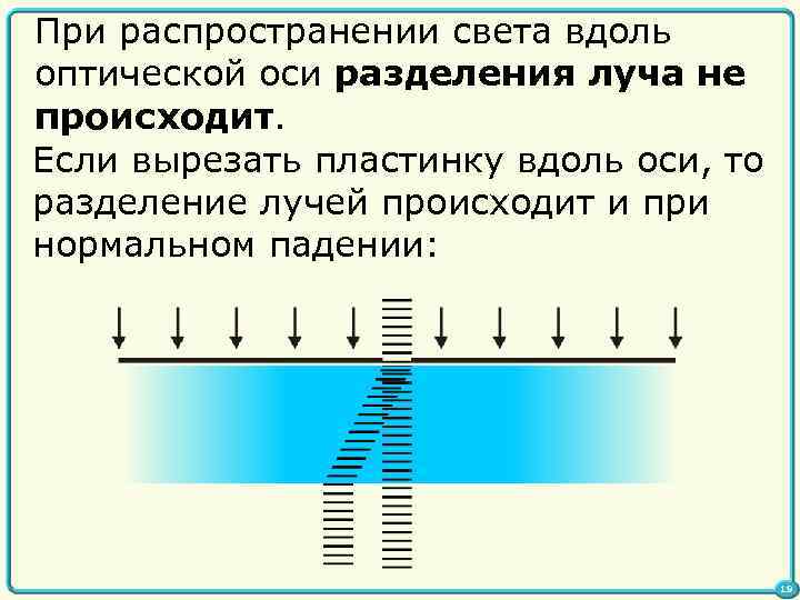 При распространении света вдоль оптической оси разделения луча не происходит. Если вырезать пластинку вдоль