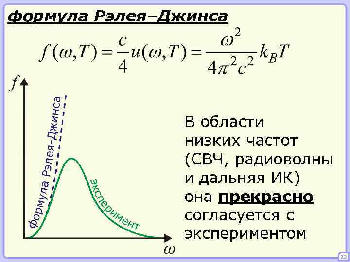 формула Рэлея–Джинса В области низких частот (СВЧ, радиоволны и дальняя ИК) она прекрасно согласуется