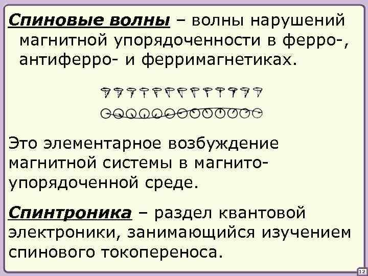 Спиновые волны – волны нарушений магнитной упорядоченности в ферро-, антиферро- и ферримагнетиках. Это элементарное