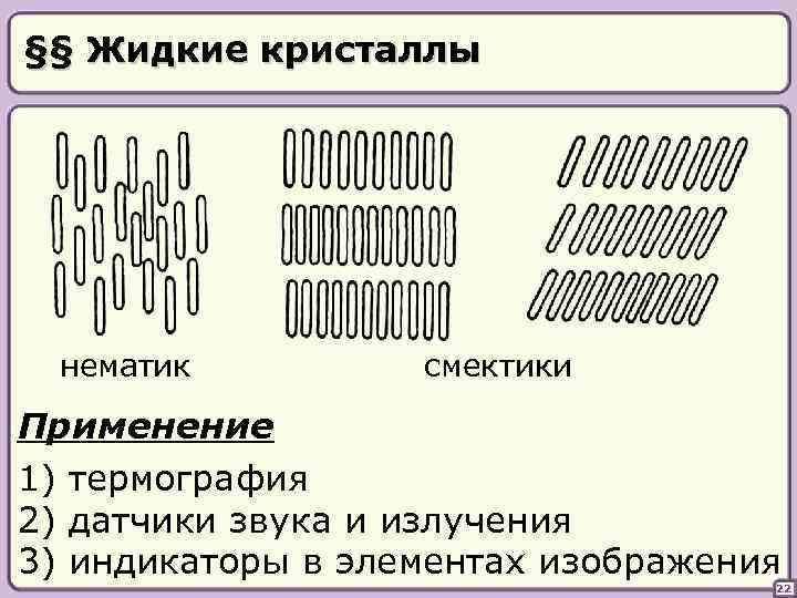 §§ Жидкие кристаллы нематик смектики Применение 1) термография 2) датчики звука и излучения 3)