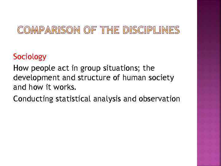 Sociology How people act in group situations; the development and structure of human society