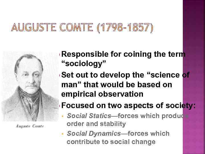  Responsible for coining the term “sociology” Set out to develop the “science of