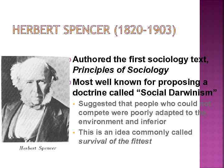  Authored the first sociology text, Principles of Sociology Most well known for proposing