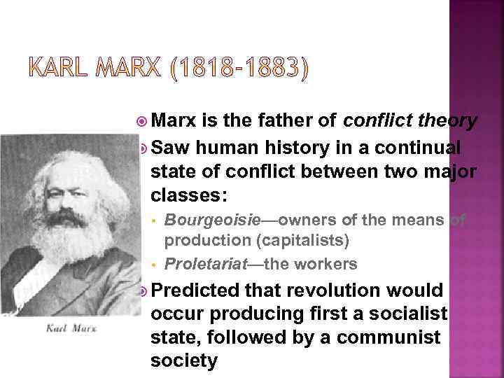  Marx is the father of conflict theory Saw human history in a continual