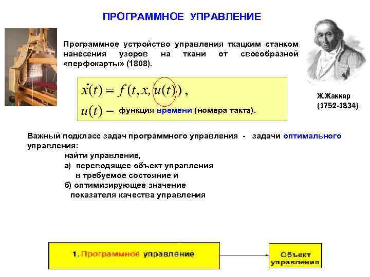 ПРОГРАММНОЕ УПРАВЛЕНИЕ Программное устройство управления ткацким станком нанесения узоров на ткани от своеобразной «перфокарты»