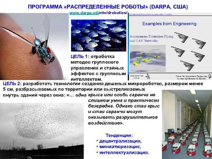  ПРОГРАММА «РАСПРЕДЕЛЕННЫЕ РОБОТЫ» (DARPA, США) www. darpa. milmto/drobotics/ ЦЕЛЬ 1: отработка методов группового