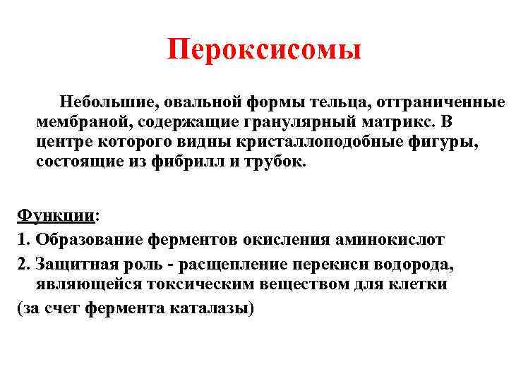 Пероксисомы Небольшие, овальной формы тельца, отграниченные мембраной, содержащие гранулярный матрикс. В центре которого видны